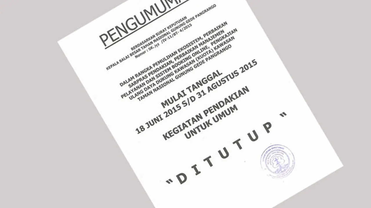 Surat Keterangan penutupan sementara jalur pendakian