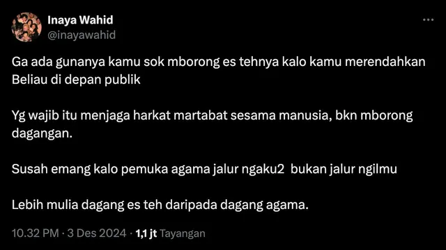 Cuitan Inaya Wahid. (Foto: Dok. Twitter @inayawahid)