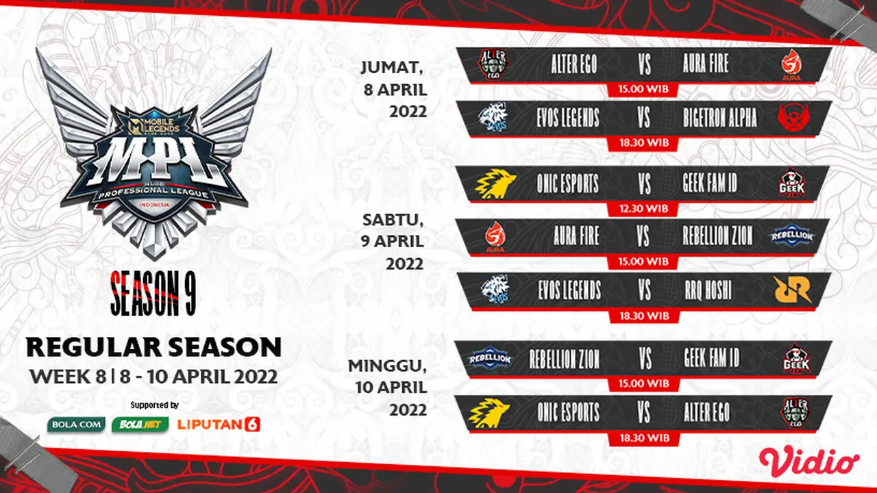 Link Live Streaming MPL ID S9 Mulai 8-10 April 2022 : Alter Ego VS AURA Fire di Vidio