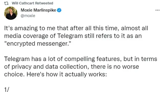 Tangkapan layar Will Cathcart, Head of WhatsApp, me-retweet cuitan bos Signal soal Telegram di Twitter