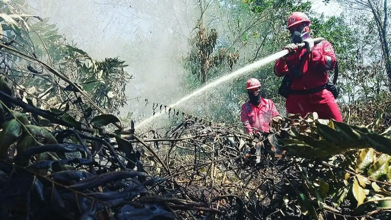 Proses pemadaman kebakaran lahan oleh petugas agar tidak terjadi bencana kabut asap.