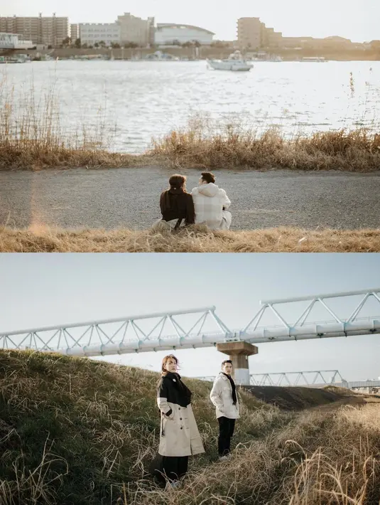 Shanju mengenakan two tone trench coat dipadu long pants dan syal berwarna coklat. [Foto: IG/shanju].