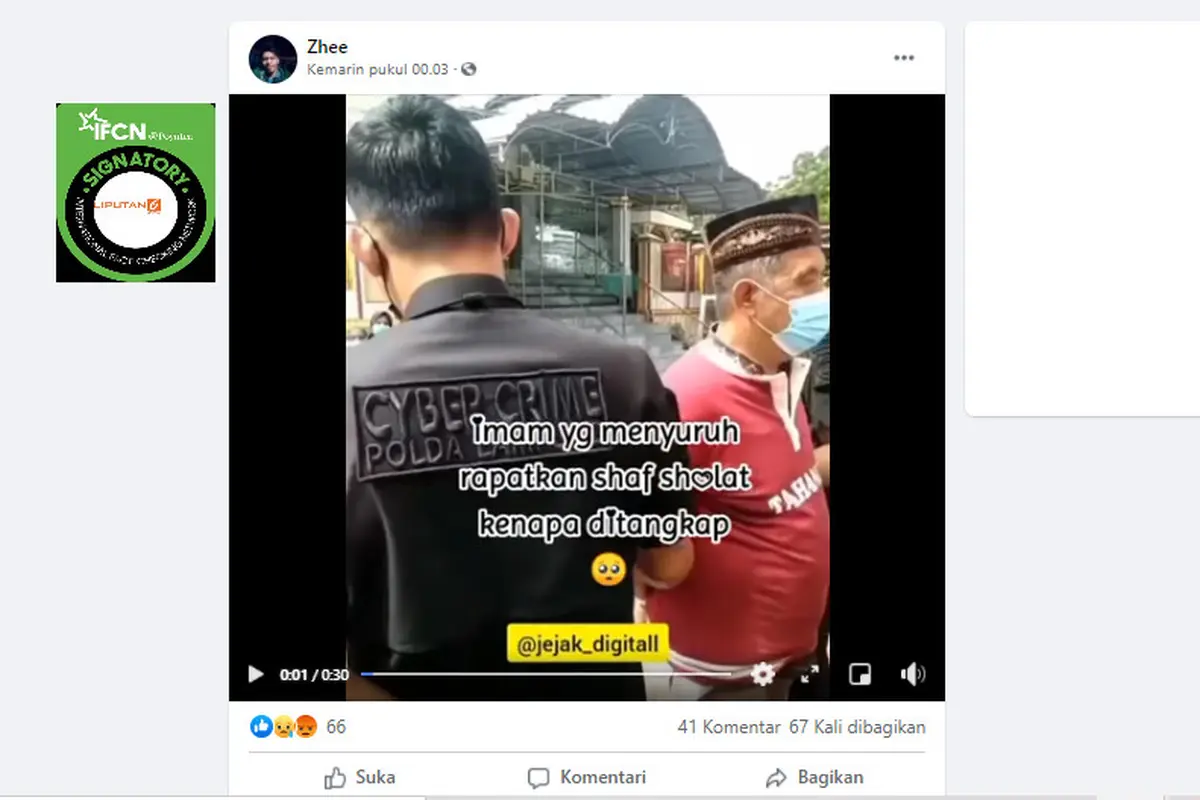 Cek Fakta Liputan6.com menelusuri klaim video penangkapan imam yang menyuruh rapatkan shaf salat