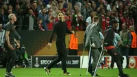 Meski sedang cedera, Zlatan Ibrahimovic, Luke Shaw, dan Ashley Young ikut merayakan keberhasilan Manchester United menjuarai Liga Europa 2016-2017. (AFP/Soren Andersson)
