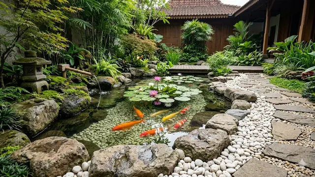 Desain Kolam Ikan Dangkal yang Menggabungkan Ikan dan Tanaman Hias