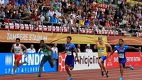 Pelari muda Indonesia, Lalu Muhammad Zohri (kiri) pada lomba Kejuaraan Dunia Atletik U-20 2018 di Finlandia, Rabu (11/7/2018). (Twitter/Lalu Muhammad Zohri)