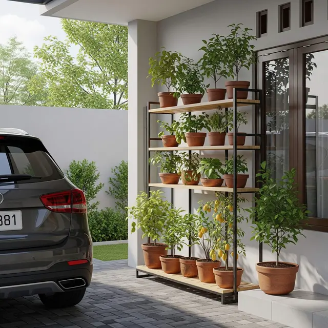 Inspirasi Rumah dengan Kebun Buah Mini di Samping Carport