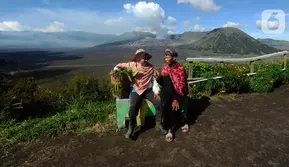 Warga merawat tanaman daun bawang yang dapat dipanen setahun tujuh kali di kebun dengan latar belakang Gunung Bromo di Seruni Point, Pasuruan, Jawa Timur, Minggu (30/4/2023). (merdeka.com/Arie Basuki)