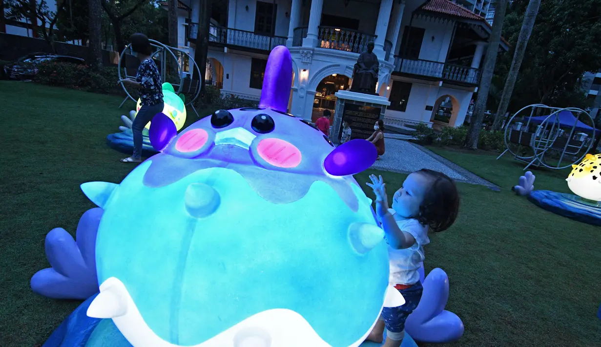 Seorang anak menyentuh instalasi lentera menjelang perayaan Festival Pertengahan Musim Gugur di Singapura (14/9/2020). (Xinhua/Then Chih Wey)