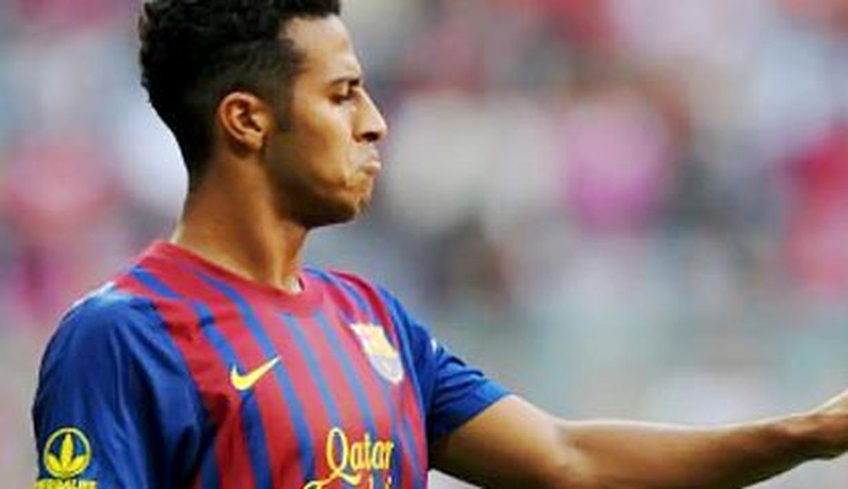 Ekspresi bintang muda Barcelona Thiago Alcantara ketika menghadapi Internacional di ajang Audi Cup di Munich, Jerman, 26 Juli 2011. AFP PHOTO/CHRISTOF STACHE