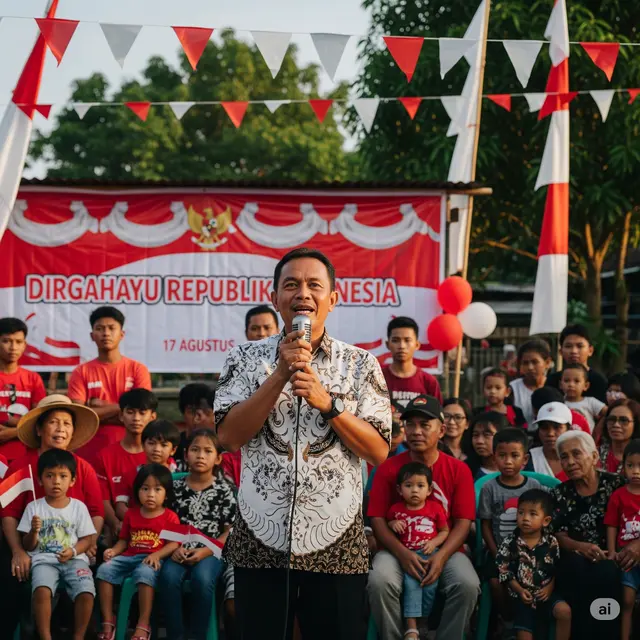Ketua RT Beri Sambutan 17 Agustus (Gemini AI)