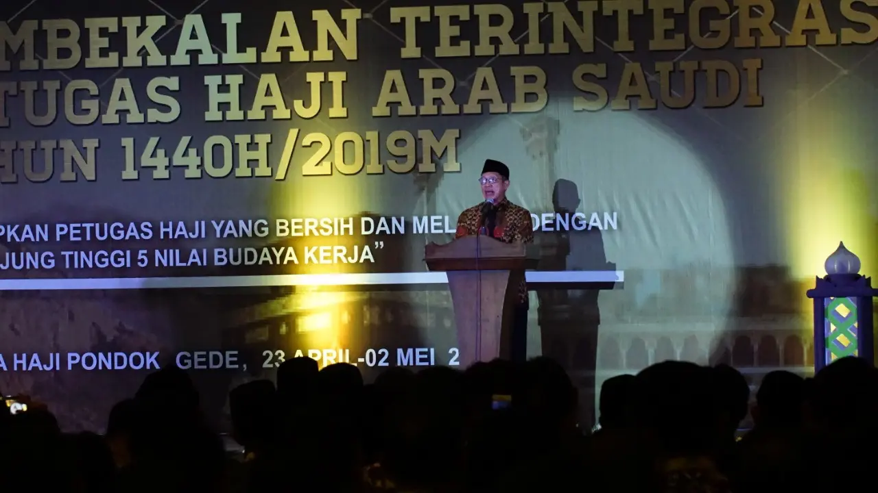 Menteri Agama Lukman Syaifuddin saat memberikan sambutan pada acara Pembekalan Terintegrasi Petugas Haji Arab Saudi 2019. MCH/Bahauddin