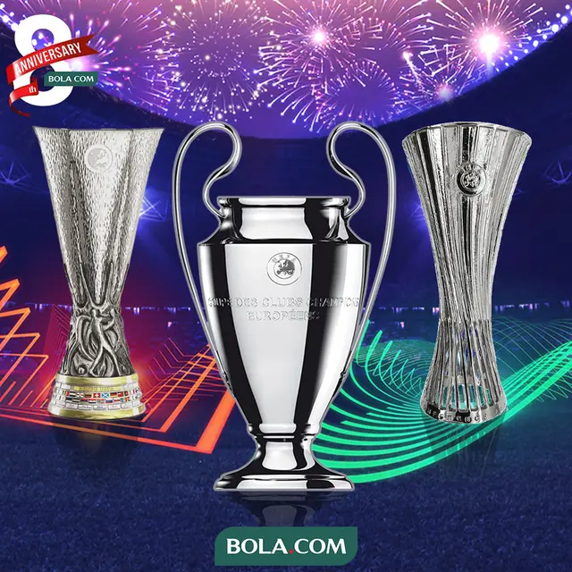 Ilustrasi - Trofi Liga Champions, Trofi Liga Europa dan UEFA Conference League