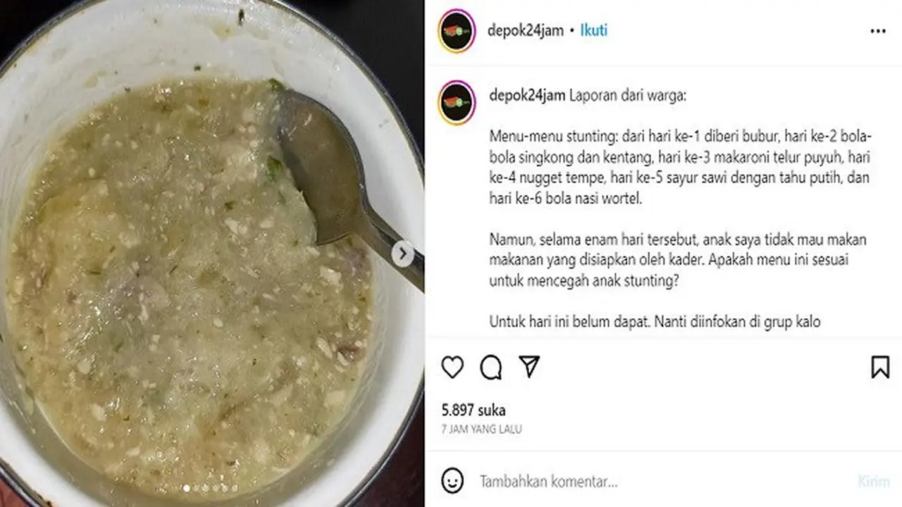 Menu makanan untuk pencegahan stunting di Kota Depok viral dan menjadi sorotan warganet di media sosial. (Instagram @depok24jam)