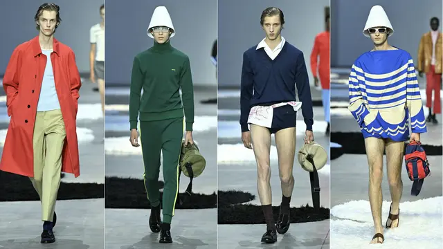 model berjalan di panggung peragaan busana koleksi Prada di Milan Fashion Week Menswear Spring/Summer 2026, pada 22 Juni 2025 di Milan. (Dok: Piero CRUCIATTI / AFP)