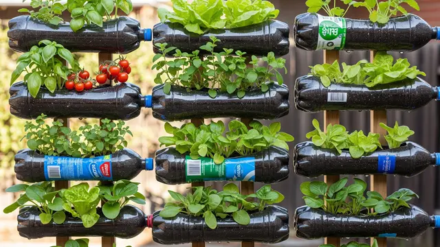 Ilustrasi Desain Kebun Sayur Pocket Garden dari Botol Plastik Bekas/Gemini AI
