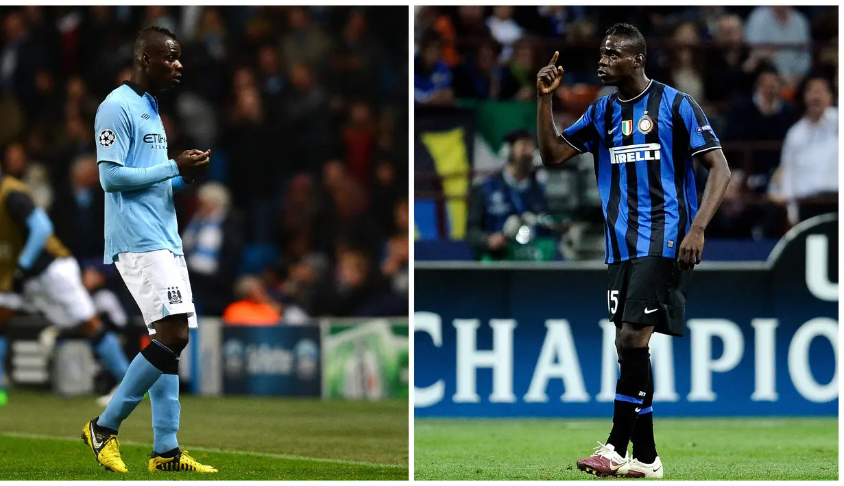 Foto kolase saat Mario Balotelli (kiri) membela Manchester City dalam pertandingan Liga Champions pada 6 November 2012 dan Balotelli (kanan) saat membela Inter Milan dalam pertandingan leg pertama semifinal Liga Champions pada 20 April 2010. (AFP/Andrew Yates, Filippo Monteforte)