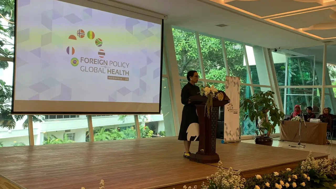 Menlu Retno ketika menyampaikan pidato pembuka dalam acara peluncuran keketuaan Indonesia di FPGHI pada 2020.