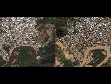 Kombinasi gambar yang dibuat pada 7 Mei 2024 dan dibuat dengan gambar satelit milik Maxar Technologies menunjukkan sebelum (kiri) dan sesudah (kanan) banjir yang melanda lingkungan yang terletak di tepi sungai Cai di Montenegro, negara bagian Rio Grande do Sul , Brasil. (Handout / Satellite image ©2024 Maxar Technologies / AFP)