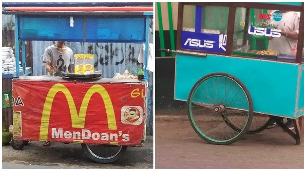 6 Tulisan di Gerobak Jualan Pakai Nama Brand Terkenal Ini Bikin Salah Fokus