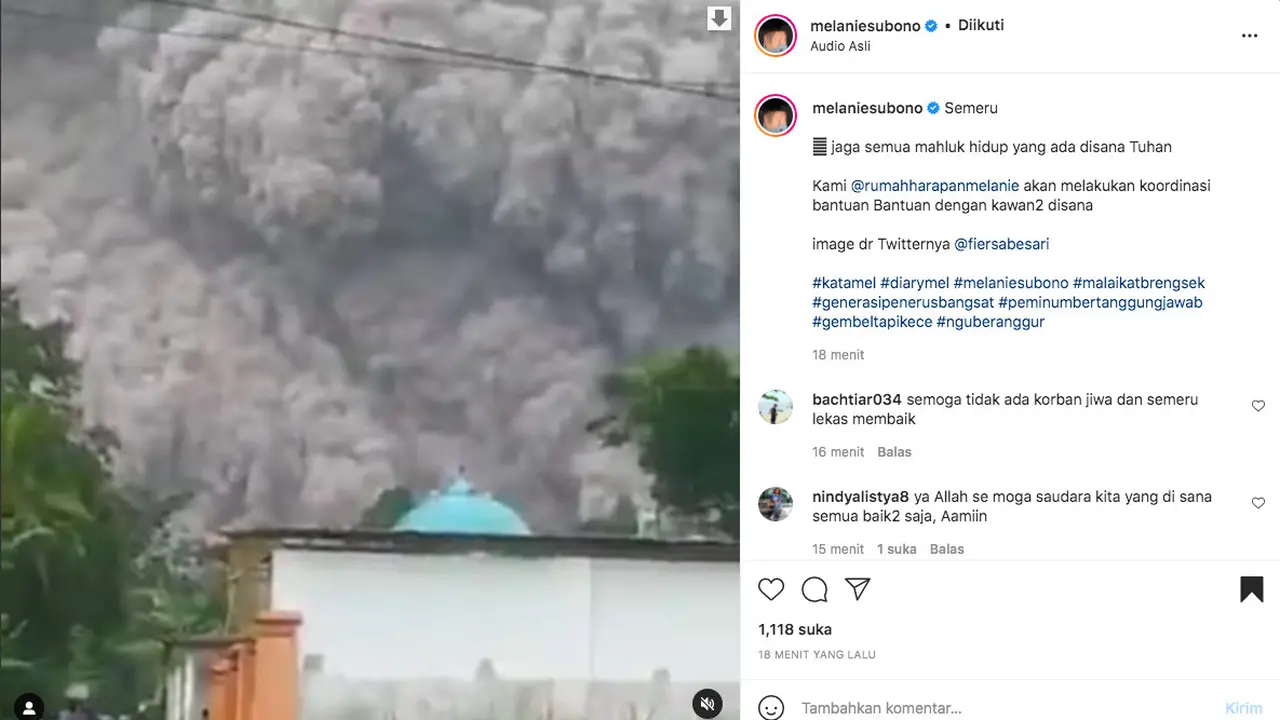 Gunung Semeru Meletus, Melanie Subono Langsung Koordinasi untuk Kirim Bantuan. (instagram.com/melaniesubono))