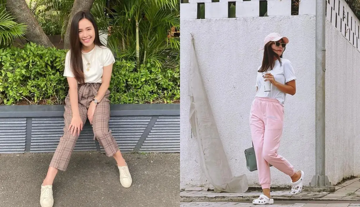 Untuk tampilan kasual sehari-hari, Lady Nayoan memilih blus putih dan plaid pants. Sementara Syahnaz mengenakan kaus pendek dan sweatpants.[Foto: IG/syahnazs/ladynayoan].