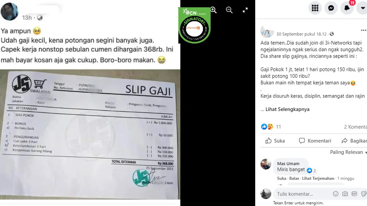 Cek Fakta Liputan6.com mendapati klaim potongan gaji pegawai swalayan