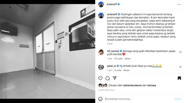 Ayah Tantri Kotak Koma Setelah Jatuh Dari Tangga, Dilarikan ke ICU dan Belum Sadarkan Diri. (instagram.com/ardanaff)