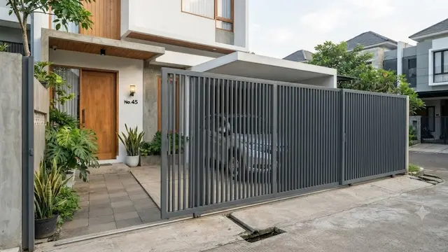 Pintu Pagar Geser Bilah Vertikal Modern (AI Generated)
