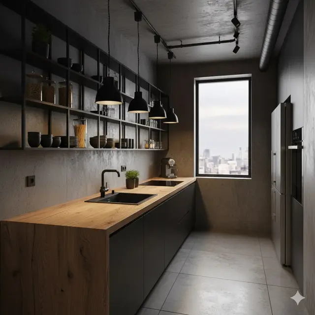 Inspirasi Dapur Kecil Modern dengan Rak Besi Terbuka dan Countertop Kayu