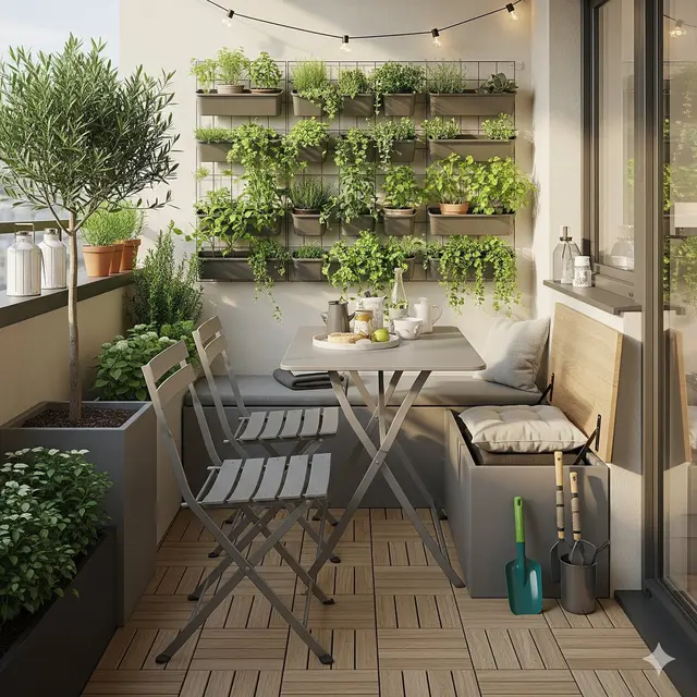 Teras dengan Furnitur Lipat dan Kebun Mini