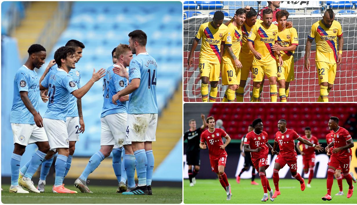 Manchester City menjadi salah satu klub di Eropa paling produktif dalam urusan mencetak gol di musim 2019/2020. Selain Manchester City, ada beberapa klub Eropa lainnya yang produktif dalam mencetak gol. Berikut 5 klub eropa dengan gol terbanyak musim 2019/2020. (kolase foto AFP)