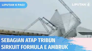 Sebagian atap tribun penonton di Sirkuit Formula E ambruk. Kerangka besi penyangga atap juga tampak miring. Ketua Panitia Formula E, Ahmad Sahroni mengungkapkan tribun ambruk saat hujan deras mengguyur Jakarta.