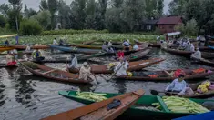 Laki-laki Kashmir menjual produk mereka di pasar sayur terapung di Danau Dal, Srinagar, Kashmir, India, Sabtu (7/8/2021). Sayuran yang diperdagangkan di pasar terapung ini dipasok ke Srinagar dan banyak kota di Lembah Kashmir. (AP Photo/Dar Yasin)