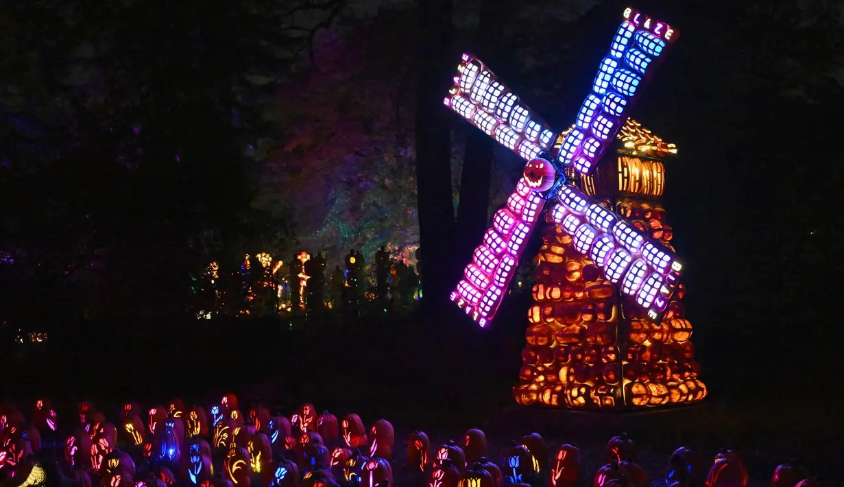 Labu yang diukir dengan bentuk kincir angin dipajang selama "The Great Jack O'Lantern Blaze" di Croton-on-Hudson, New York menjelang Halloween pada 25 Oktober 2023. (ANGELA WEISS / AFP)