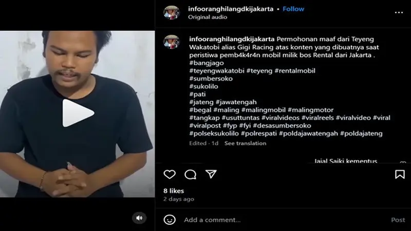 Selebgram asal Pati, Jawa Tengah, Teyeng Wakatobi menyampaikan permintaan maaf buntut video viral di lokasi pengeroyokan bos rental mobil di Desa Sukolilo, Pati, Jawa Tengah. (Instagram @infooranghilangdkijakarta)