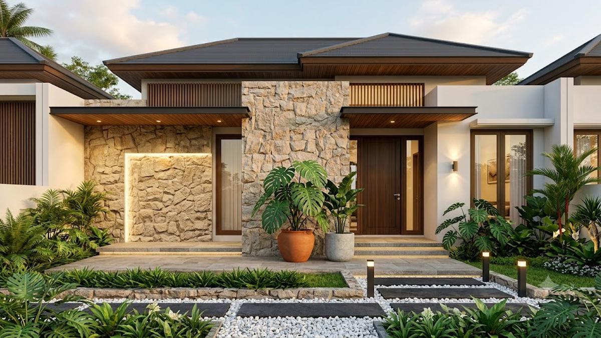 8 Ide Teras Dinding Batu Tempel dan Monstera agar Fasad Rumah Terlihat Lebih Mewah