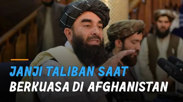 Sang juru bicara Zabihullah Mujahid menyampaikan janji-janji Taliban saat kelak memerintah Afghanistan pada konferensi pers pertama mereka.