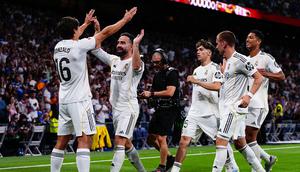 Momen selebrasi para pemain Real Madrid gol Gonzalo Garcia dalam laga Liga Spanyol antara Real Madrid vs Athletic di Santiago Bernabeu, 24 Mei 2026. (AP Photo/Manu Fernandez)