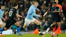 Manchester City sukses melaju ke babak play-off Liga Champions setelah mencatat kemenangan dramatis melawan Club Brugge di Etihad Stadium. City menang dengan skor 3-1. (AP Photo/Dave Thompson)