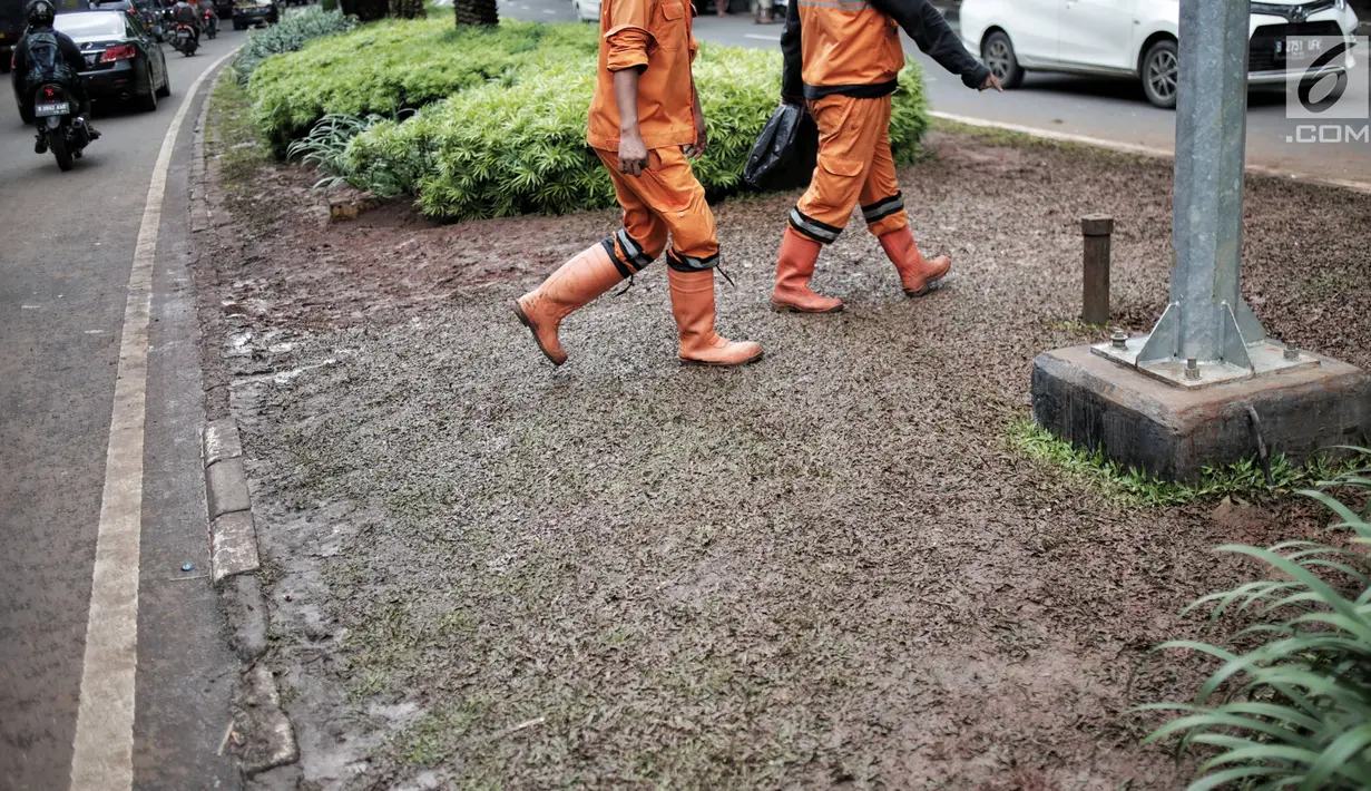Petugas kebersihan melintasi tanaman dan rumput yang rusak usai unjuk rasa massa Partai Hanura di depan Gedung KPU, Jakarta, Senin (21/1). Tanaman dan rumput di sekitar Gedung KPU rusak akibat terinjak-injak pengunjuk rasa. (Liputan6.com/Faizal Fanani)
