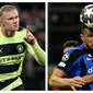 Dalam perjalanan ke final Liga Champions 2022/2023, Manchester City tercatat lebih tajam dengan mencetak total 30 gol berbanding 19 gol milik Inter Milan. Dari total 30 gol, hampir setengahnya dicetak oleh bomber asal Norwegia, Erling Haaland yang hampir dipastikan akan menjadi top skor Liga Champions musim ini. Berikut daftar 8 pemain tertajam dari kedua kubu hingga babak semifinal. (Kolase Foto AFP)