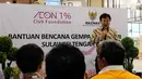 Deputy GM PT AEON Indonesia Eddy Effendy Irawan memberikan sambutan pada acara Bantuan Bencana Gempa Palu di Jakarta, Jumat (12/10). AEON 1% Club Foundation menyisihkan 1% profit sebelum pajaknya untuk kegiatan sosial. (Liputan6.com/HO/Arif)
