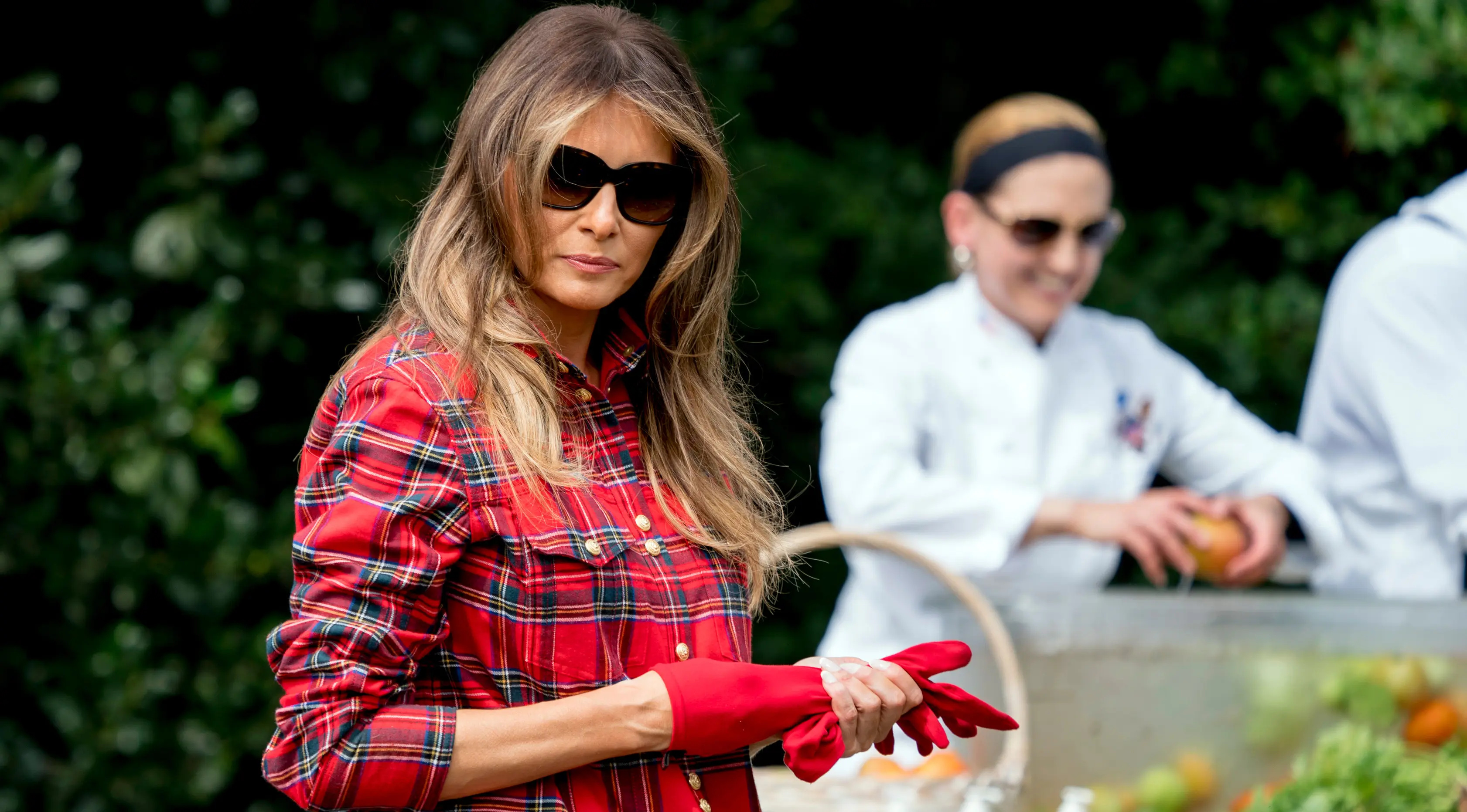 Ibu Negara AS, Melania Trump melepas sarung tangannya usai berkebun bersama anak-anak dari Boys & Girls Club di Kitchen Garden Gedung Putih, Jumat (22/9). Melania pada banyak kesempatan selalu tampak berkelas dengan busananya. (AP Photo/Andrew Harnik)