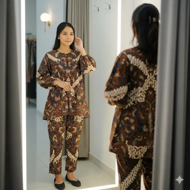 Tunik Batik Yogyakarta Lengan Bishop dengan Bawahan Senada