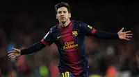 Jumlah gol terbanyak Lionel Messi dalam setahun adalah 79 gol yang dibuatnya pada tahun 2012 bersama Barcelona. Sementara gol terbanyak yang dicetak Cristiano Ronaldo hanya 59 gol bersama Real Madrid pada tahun 2013. (AFP/Lluis Gene)