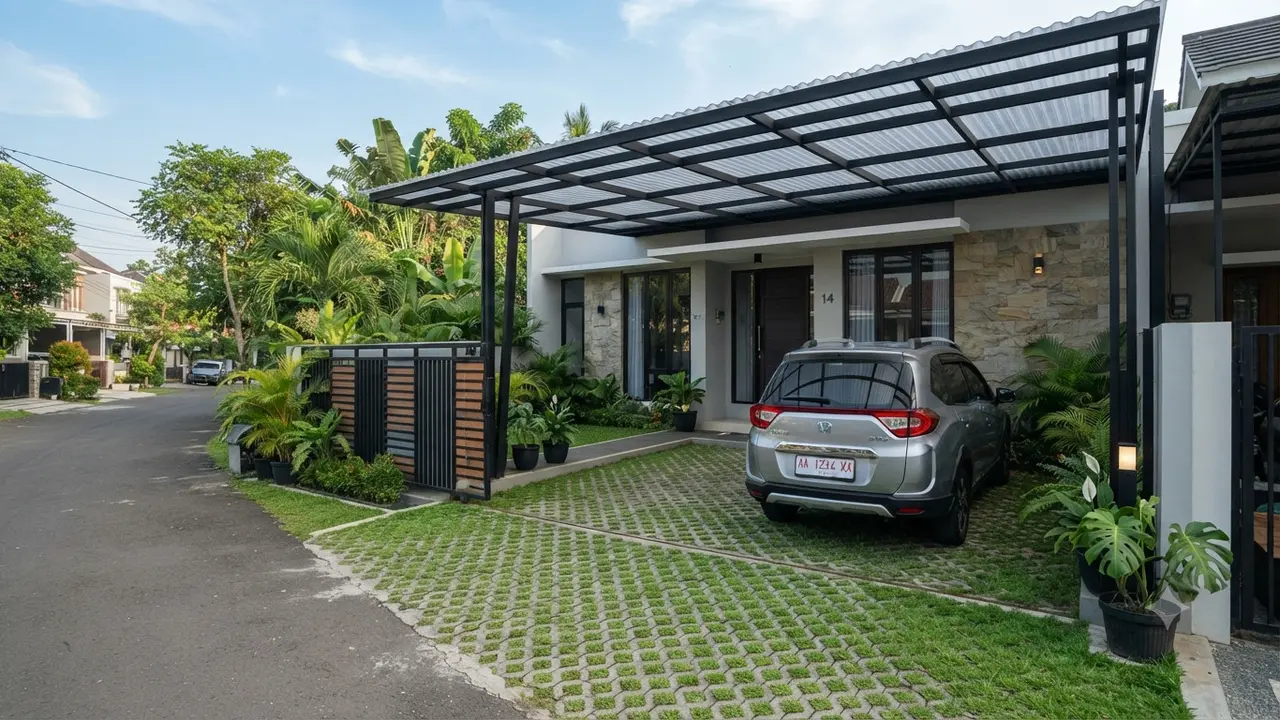 Inspirasi Carport Berlantai Grass Block yang Cocok untuk Rumah Modern Minimalis Model Kanopi Rangka Besi