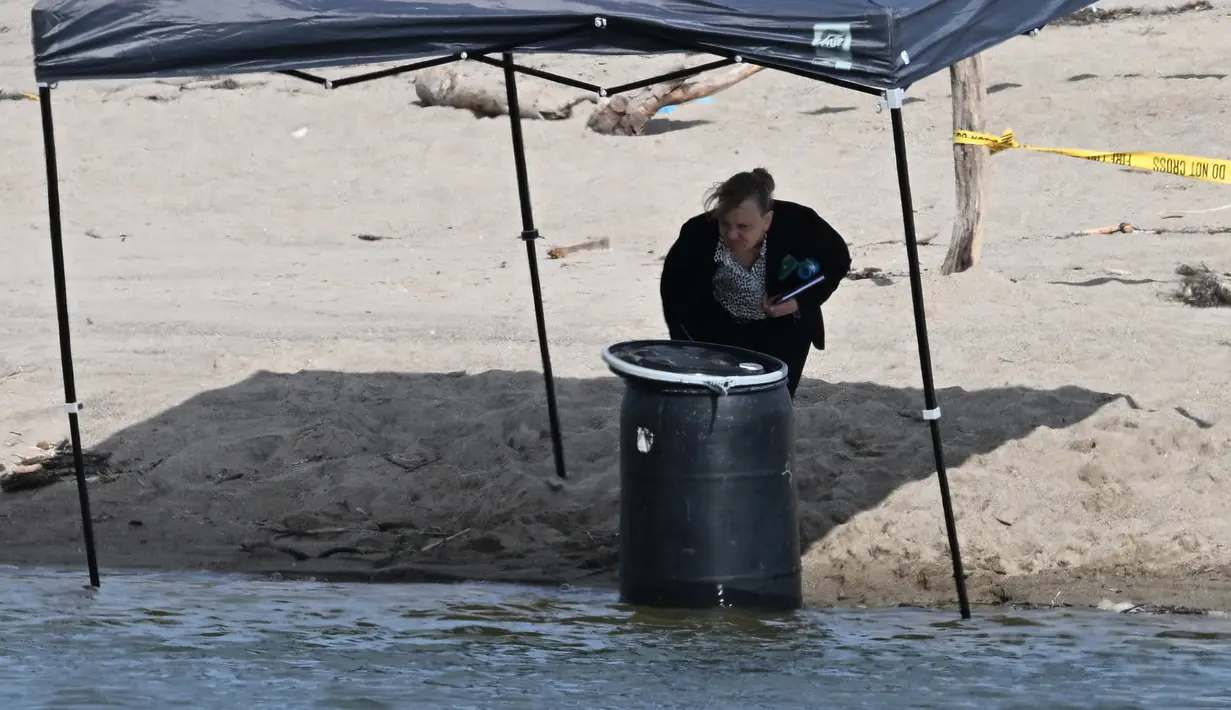 Seorang pejabat berdiri di samping tong tempat mayat ditemukan di Malibu Lagoon State Beach, California pada 31 Juli 2023.(AFP/Robyn Beck)