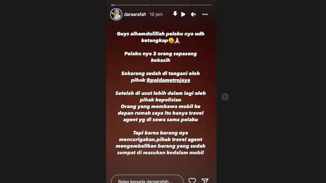 Dara Arafah Umumkan Pencuri Brankas Miliknya Sudah Ditangkap, Pelaku Adalah Sepasang Kekasih