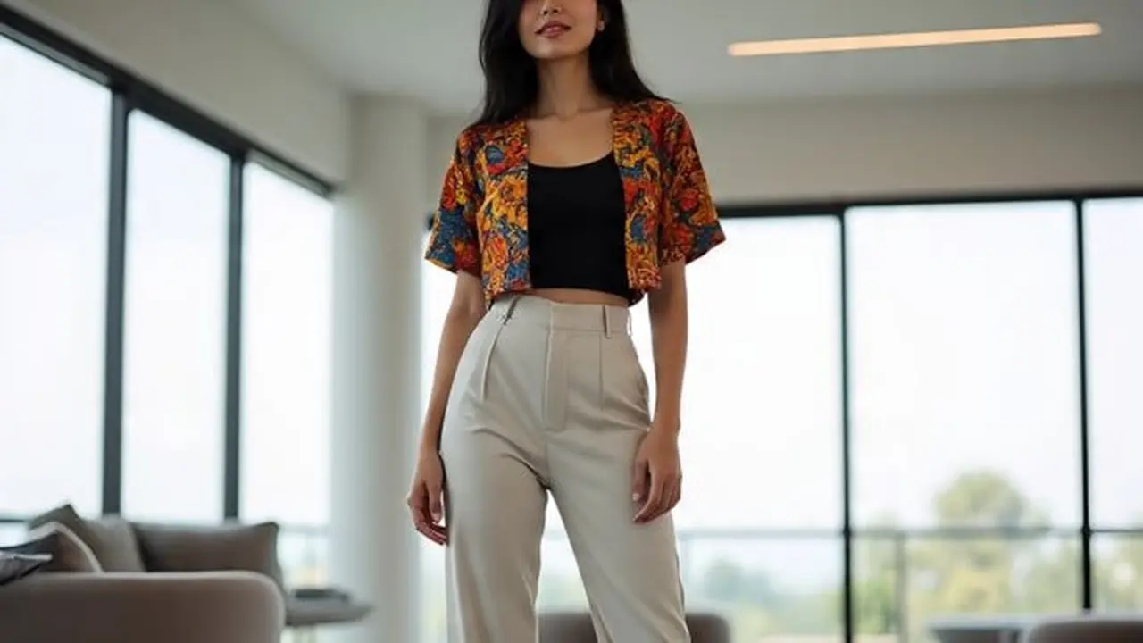 Ilustrasi Outer Crop Top Batik Lengan Panjang (Sumber Gambar: Meta AI)